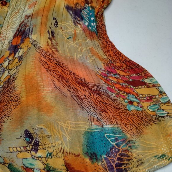 Dressbarn Shirt Large Sleeveless Pleated Button Up Orange Whimsical Forest Fairy - Picture 12 of 16